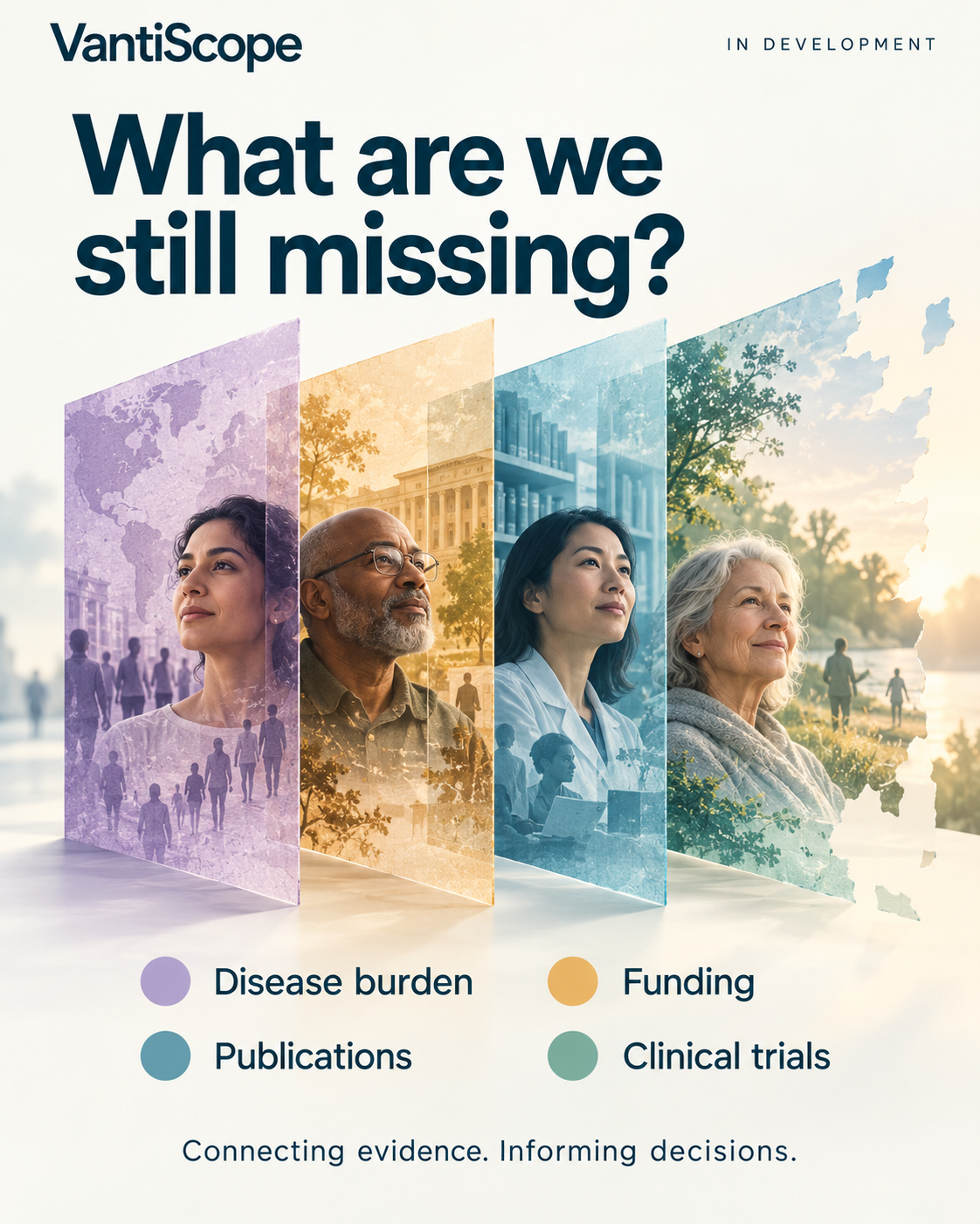 VantiScope: What are we still missing? Four translucent panels reveal people of different ages and backgrounds. Labels identify disease burden, funding, publications and clinical trials. In development.